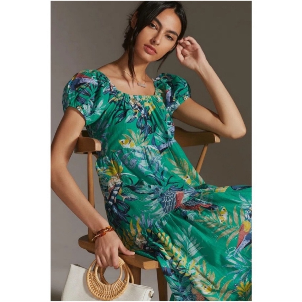 Anthropologie Maeve Tropical Green Tiered Maxi Dress Cotton Birds Butterflies - Picture 3 of 11